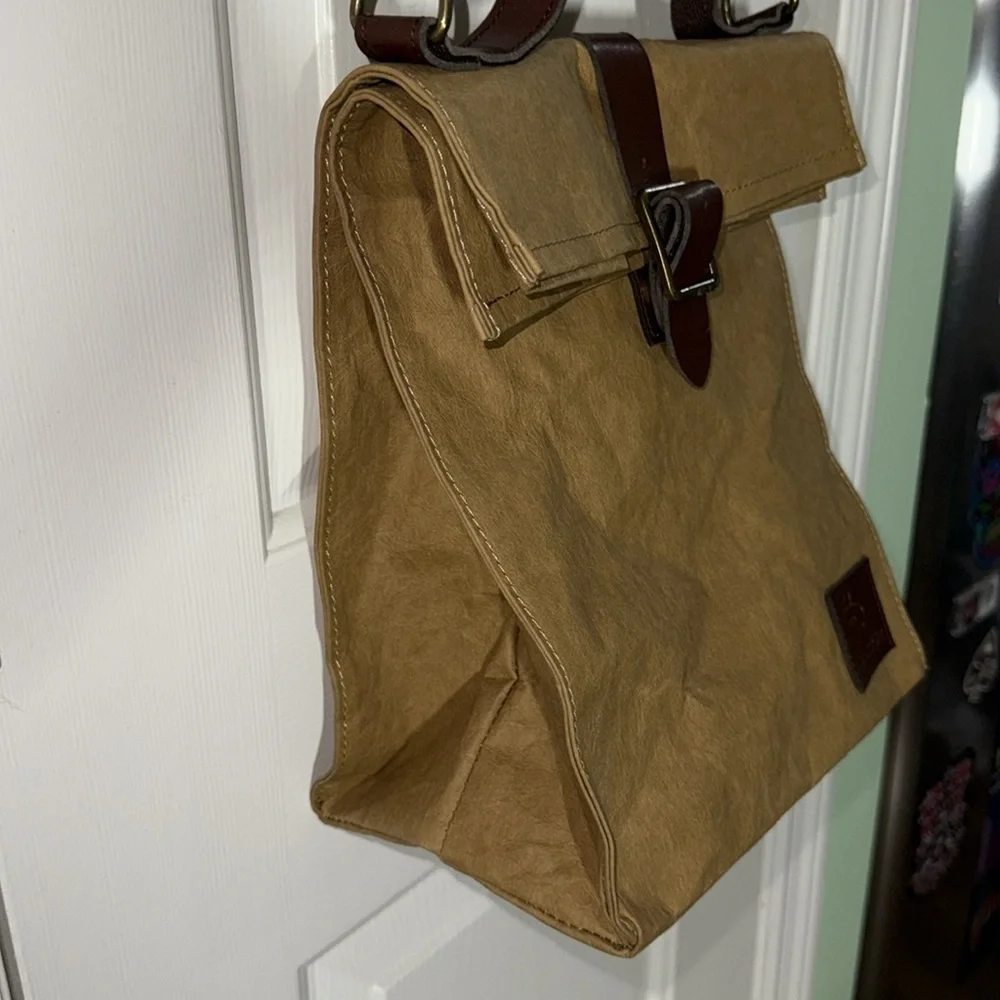 Eco-Beige Brown Leather-Trimmed Brown Paper Bag Crossbody Bag Recycled 9x11x5.5 - Picture 6 of 11